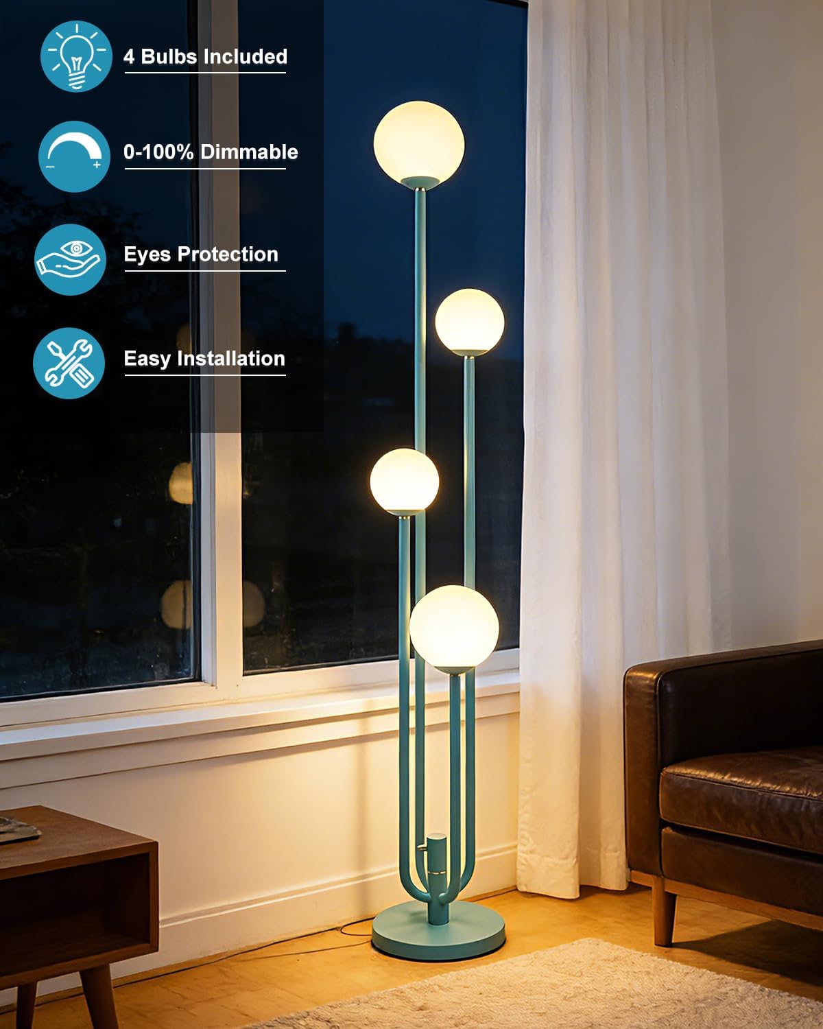 Lámpara pie 4 luces regulables 3000K sala dormitorio