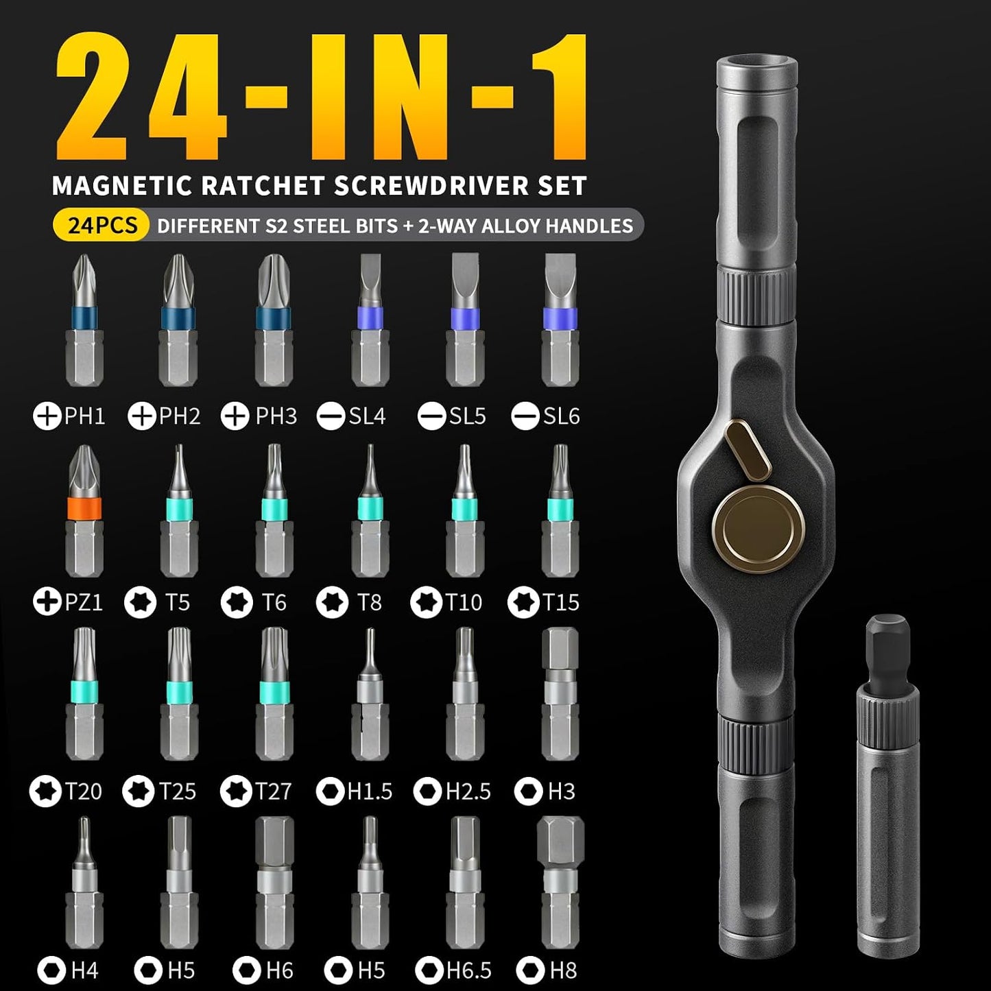 Set 24 Destornilladores Magnéticos Trinquete Acero S2