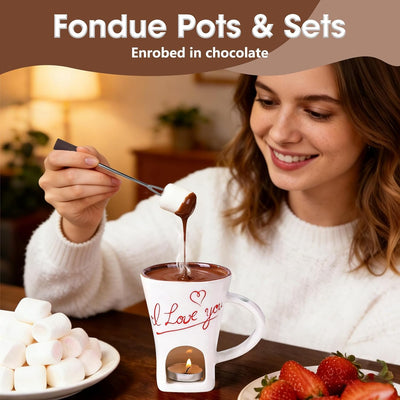 Juego de fondue de chocolate con taza de cerámica y velas de té para San Valentín