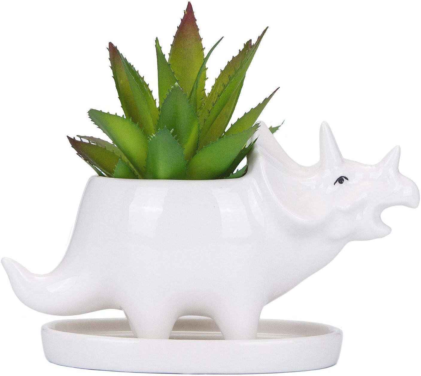 Maceta cerámica triceratops blanco escritorio