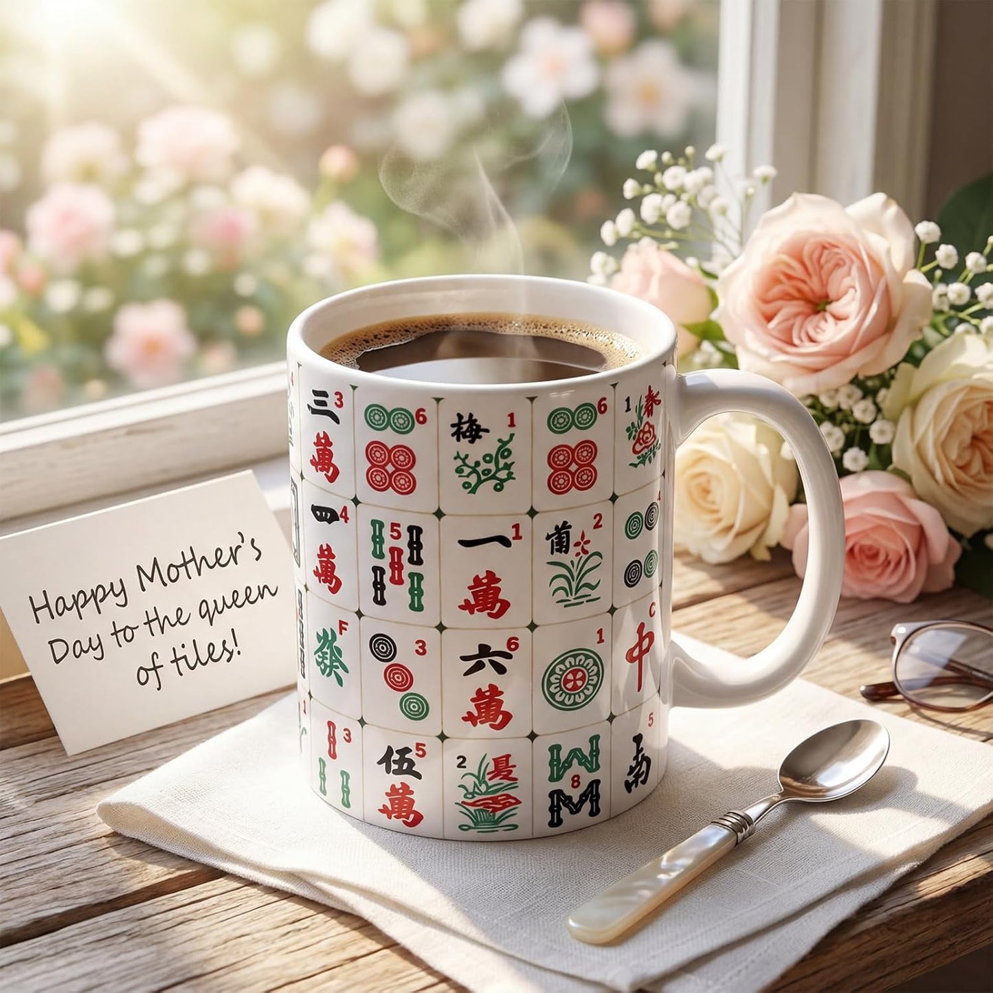 Taza de café de cerámica con temática de Mahjong para mujer