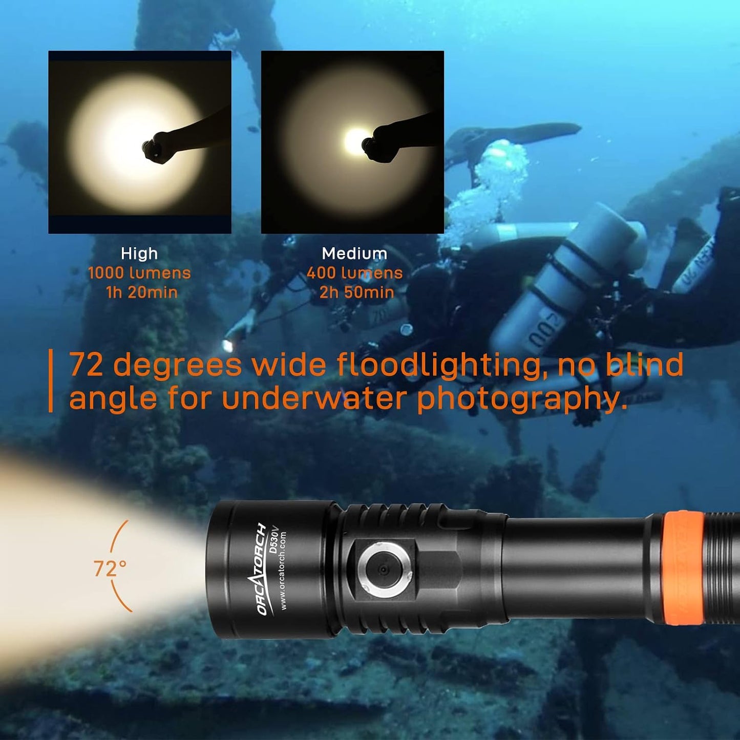 Luz buceo 1000 lúmenes 120 grados con bloqueo seguridad