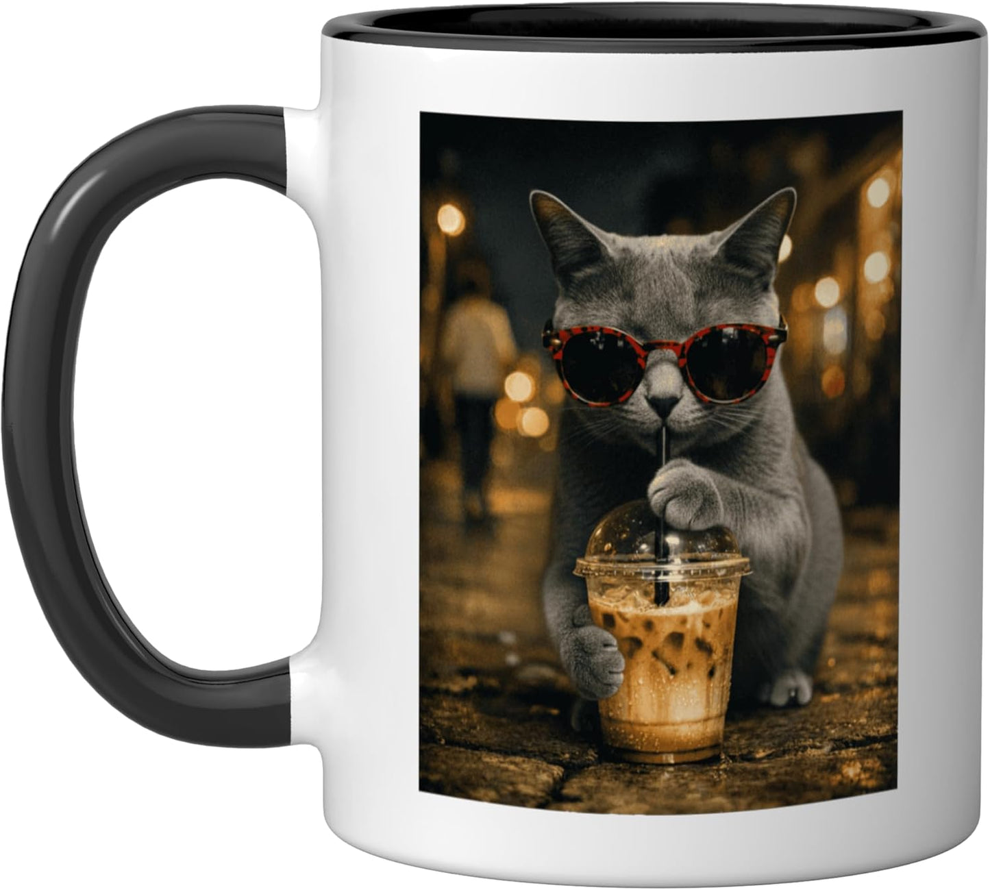 Taza Cerámica Gato Ruso Bebida Café Hielo Negro/Blanco