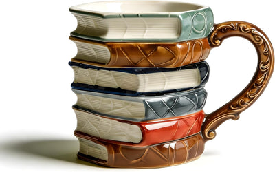 Taza de café de libros apilados en 3D cerámica pintada a mano
