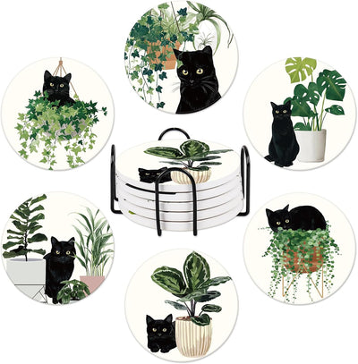Set de 6 cojines para bebidas con soporte Whaline estilo gato negro cerámica decoración para casa