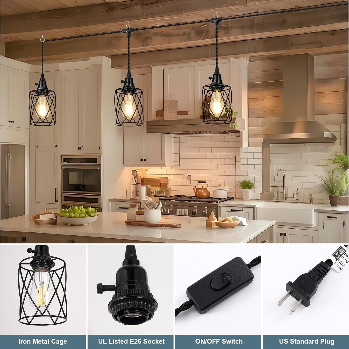 Lámpara colgante 3 luces 19ft cuerda negra pantalla