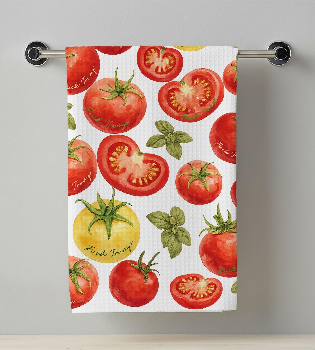 Toalla de cocina anti Trump divertida con diseño de tomate