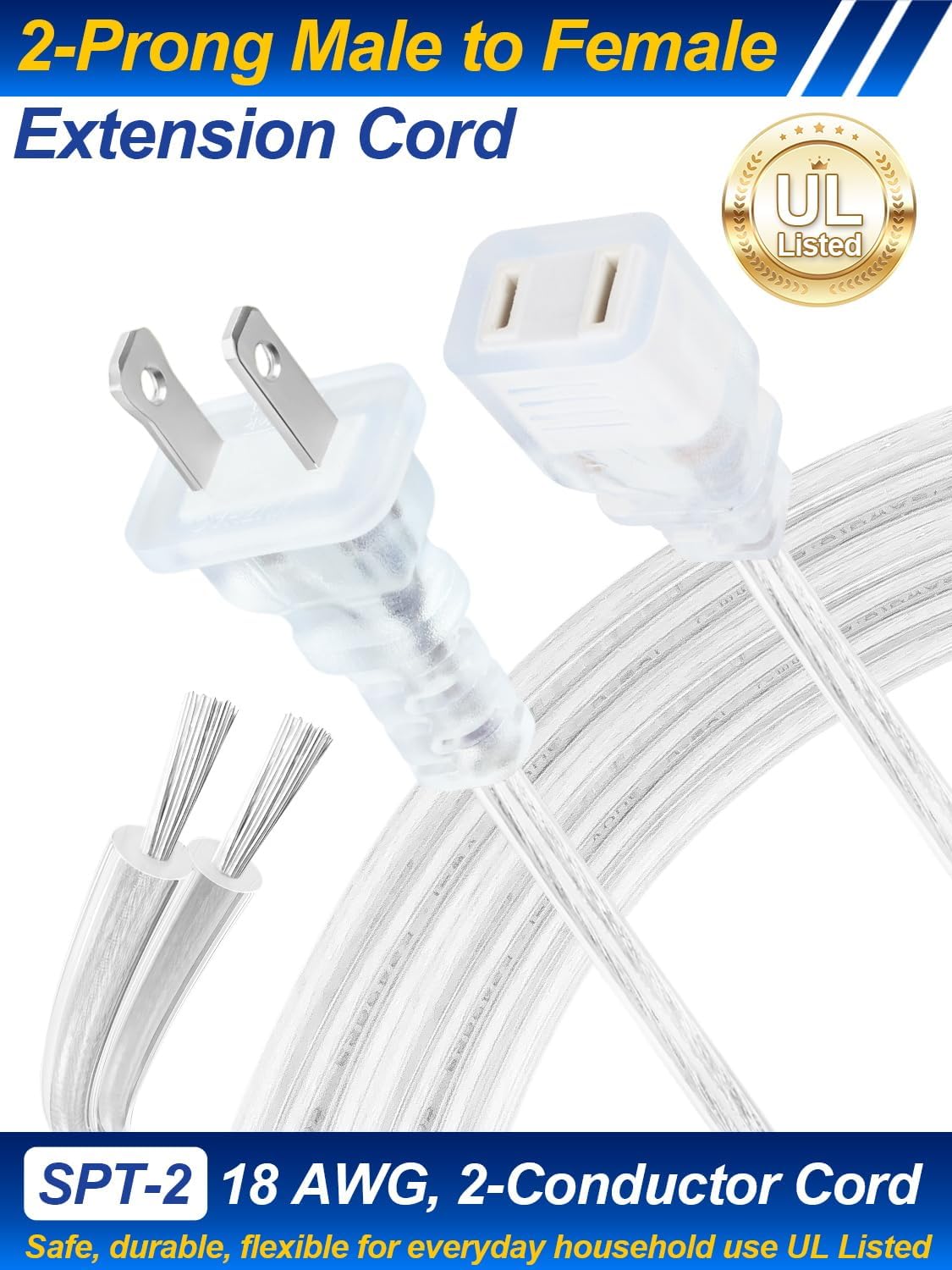 Cable extensión transparente 6ft polarizado UL 18AWG