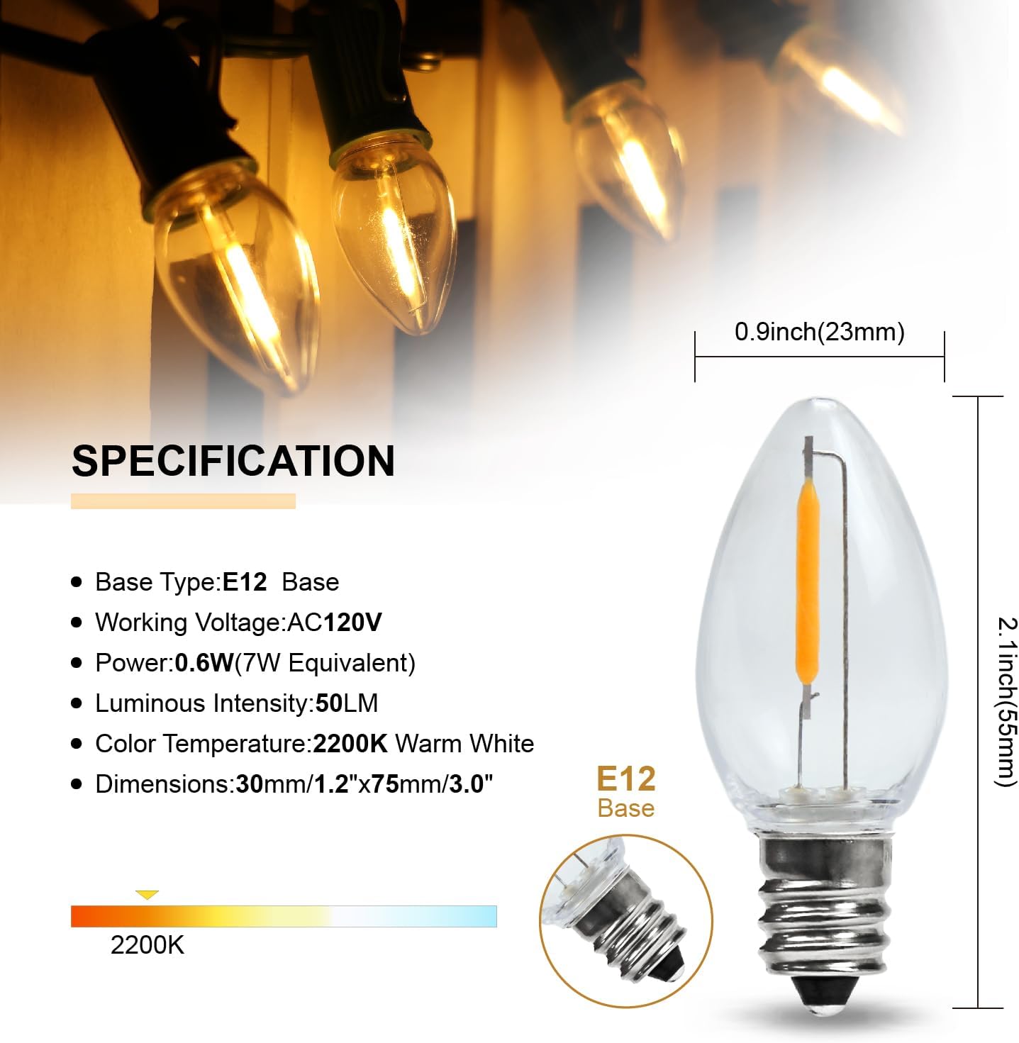 Pack 15 bombillas LED C7 E12 0.6W blanco cálido plástico