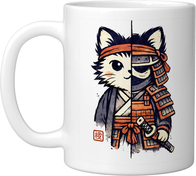 Taza Cerámica Gato Ninja Kawaii Samurai Blanco