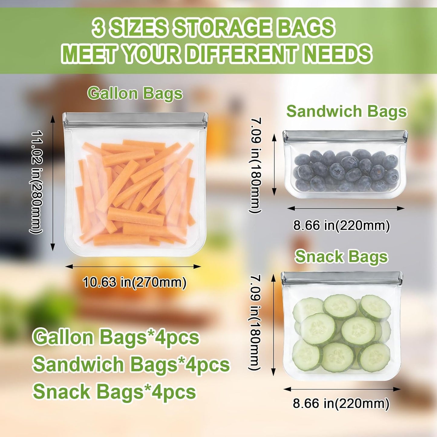 Paquete de 12 bolsas de silicona para almacenar alimentos
