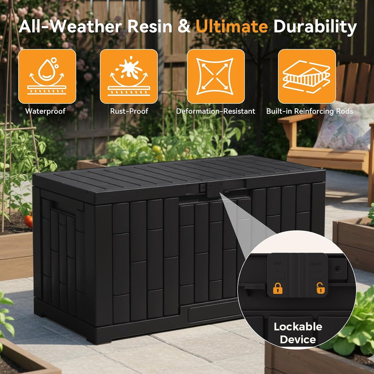 Caja almacenamiento 60gal resina UV resistente con cerradura