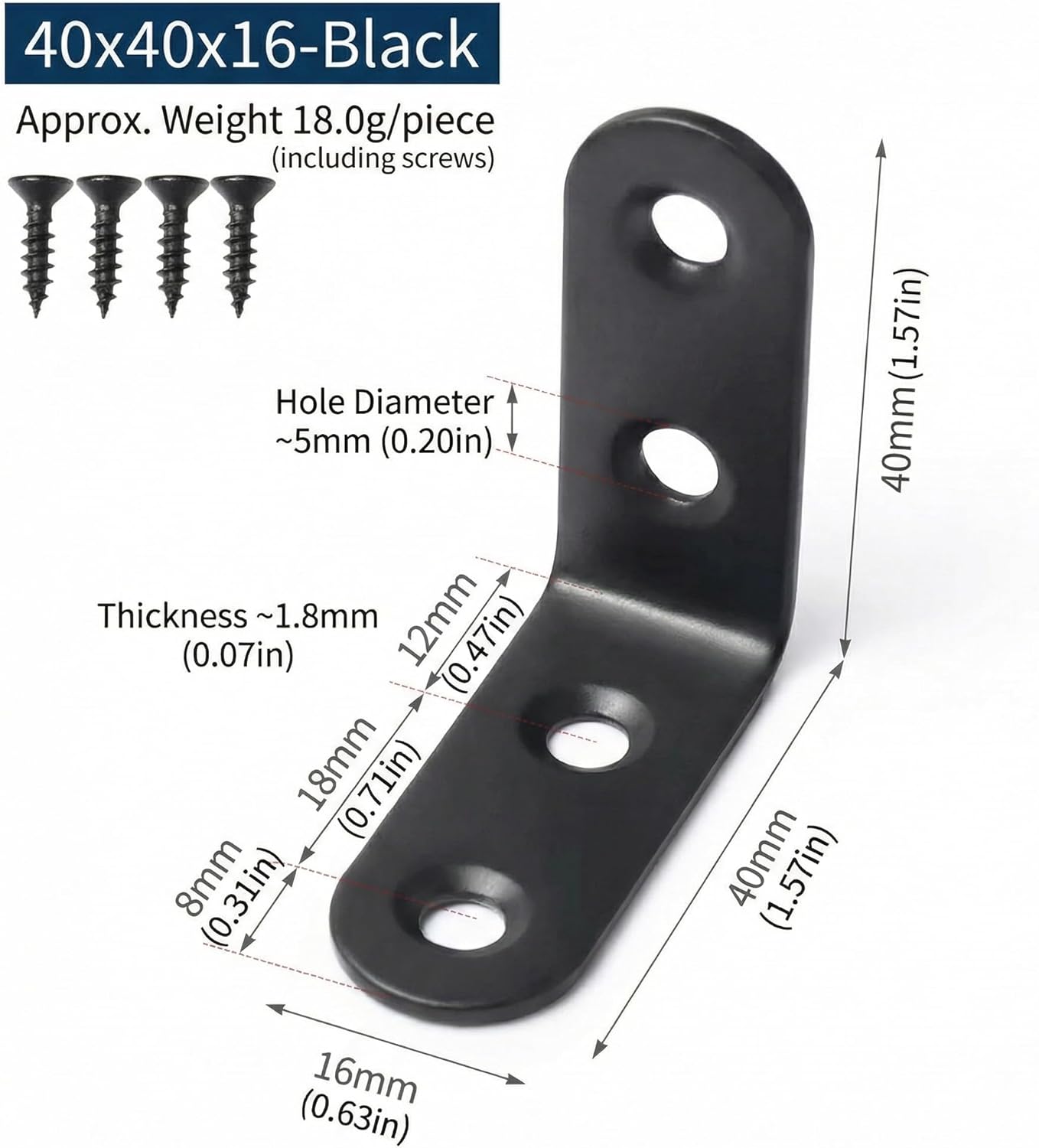 20 Soportes en L Metal Negro 90 Grados para Madera