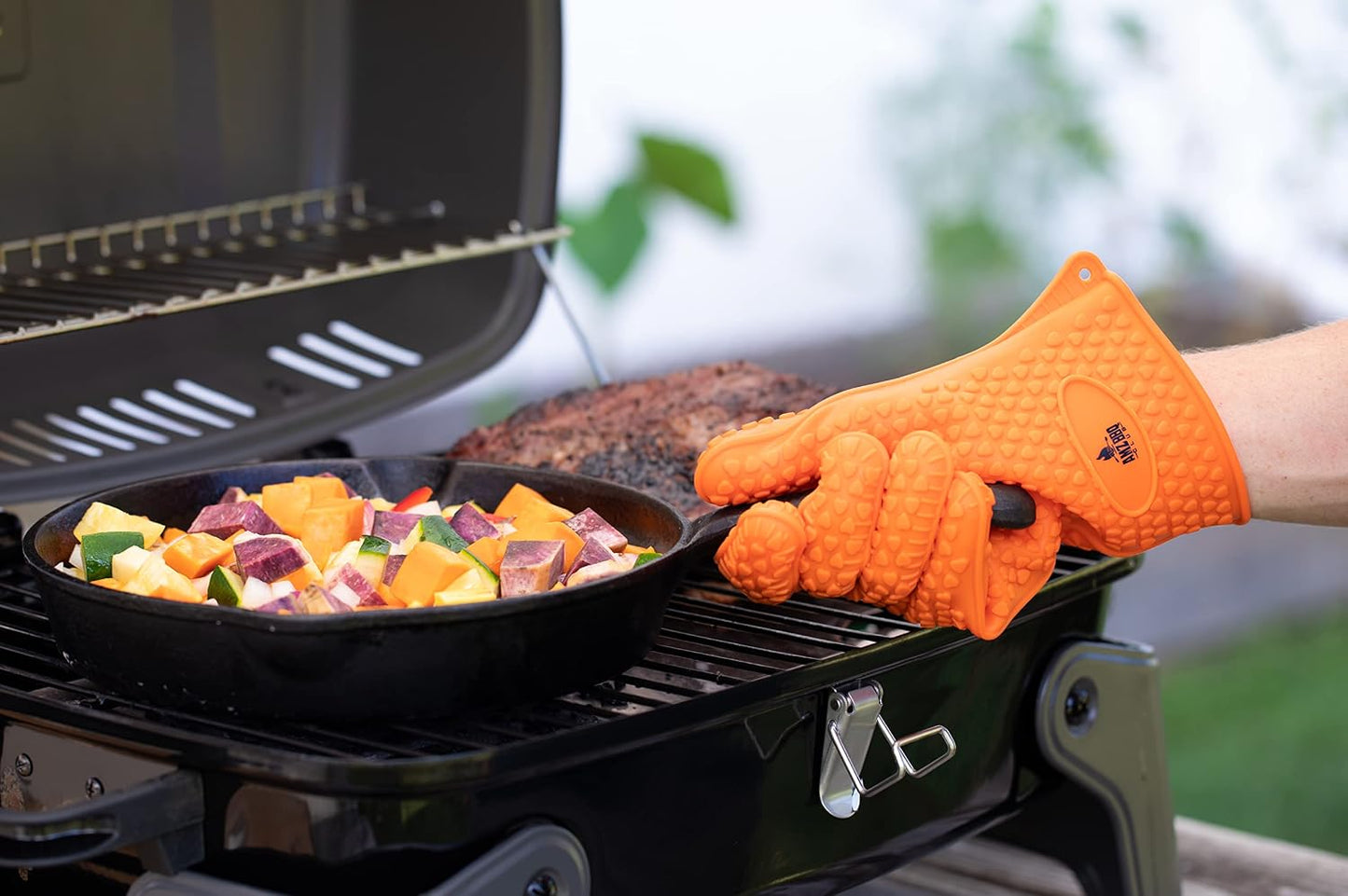 Juego accesorios parrilla con guantes silicona garras termómetro