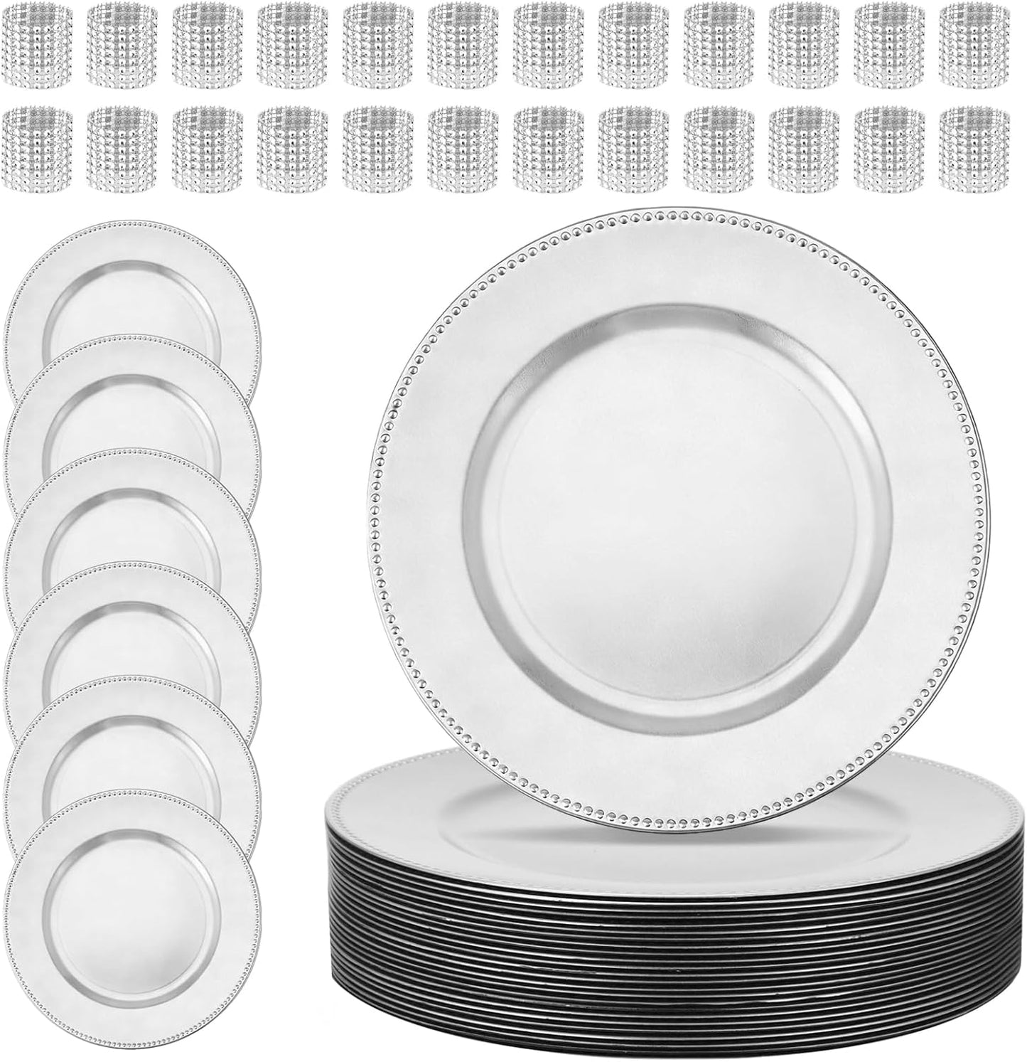 Set 24 platos plástico plateado redondos 13pulg