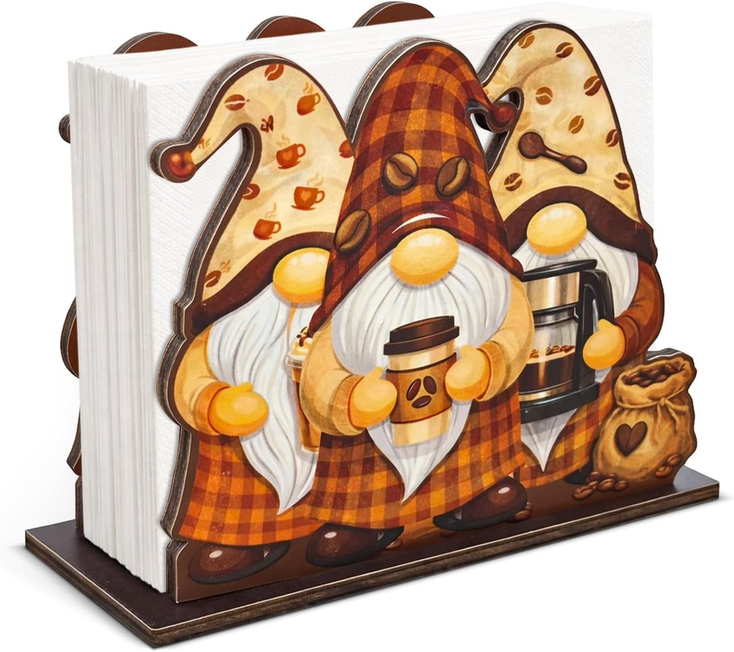 Servilletero de madera con gnomos de café para decorar mesa y cocina