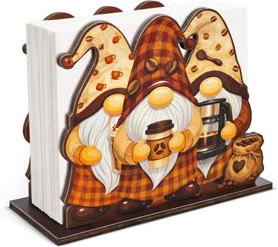 Servilletero de madera con gnomos de café para decorar mesa y cocina
