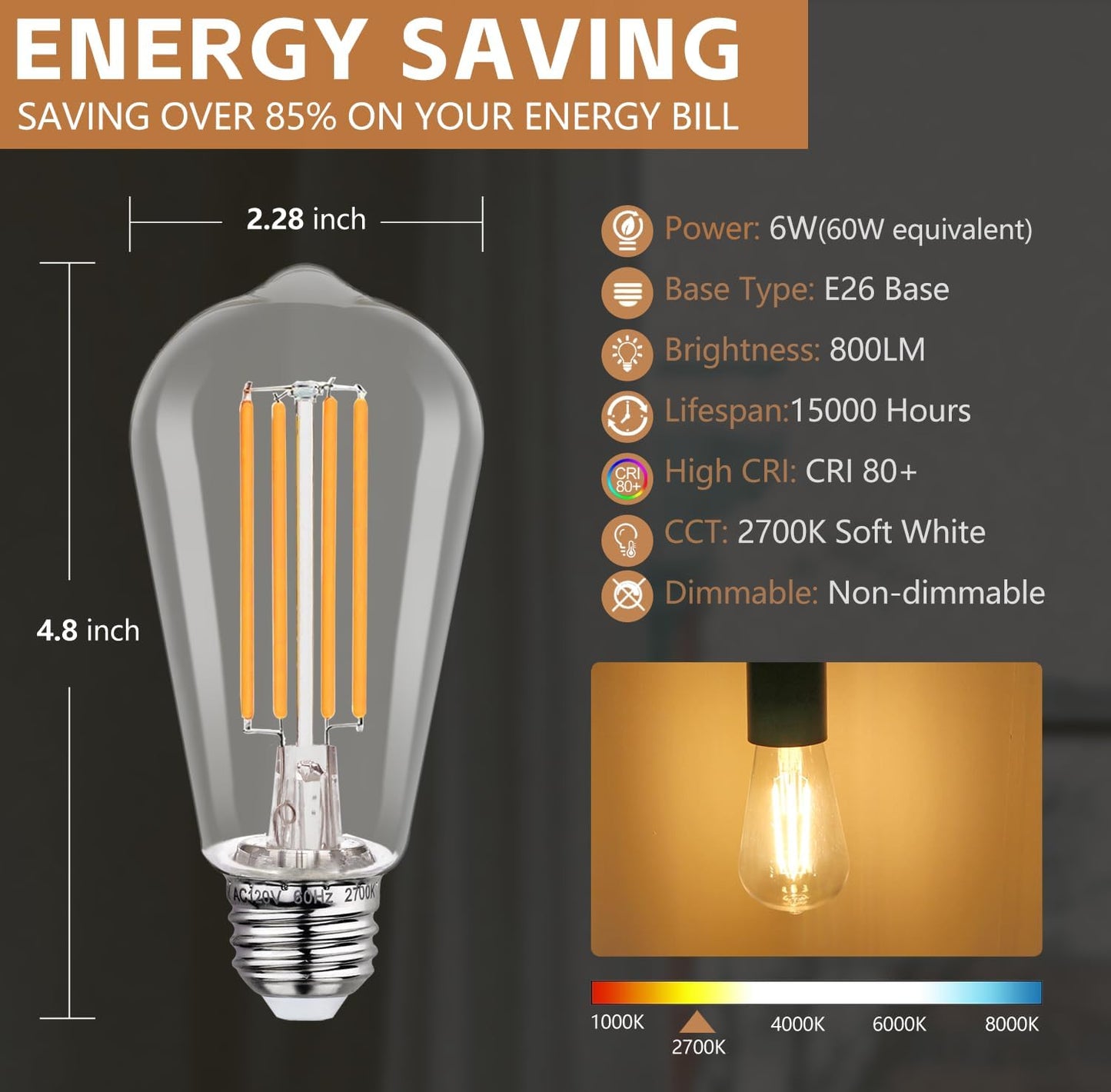 Pack 4 Bombillas LED Edison Vintage 6W 2700K Base E26