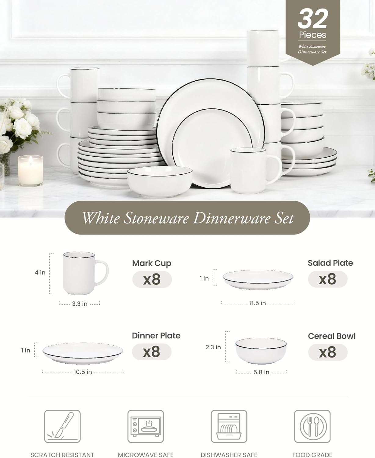 Set 32 Pzas Mesa para 8 con Tazas Cerámica Platos