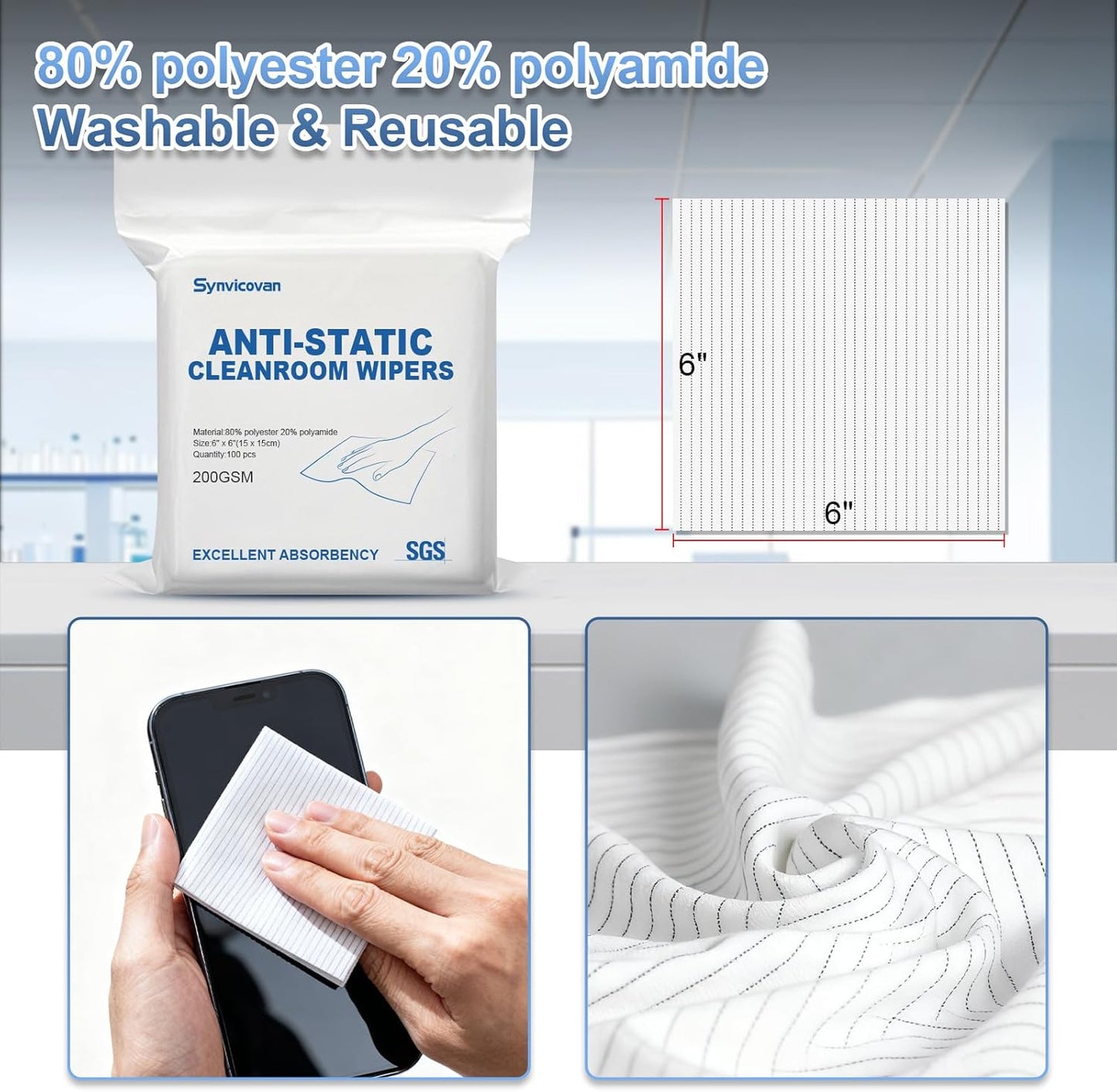 Toallitas microfibra antiestáticas 6x6pulg 100uds reutilizables ESD