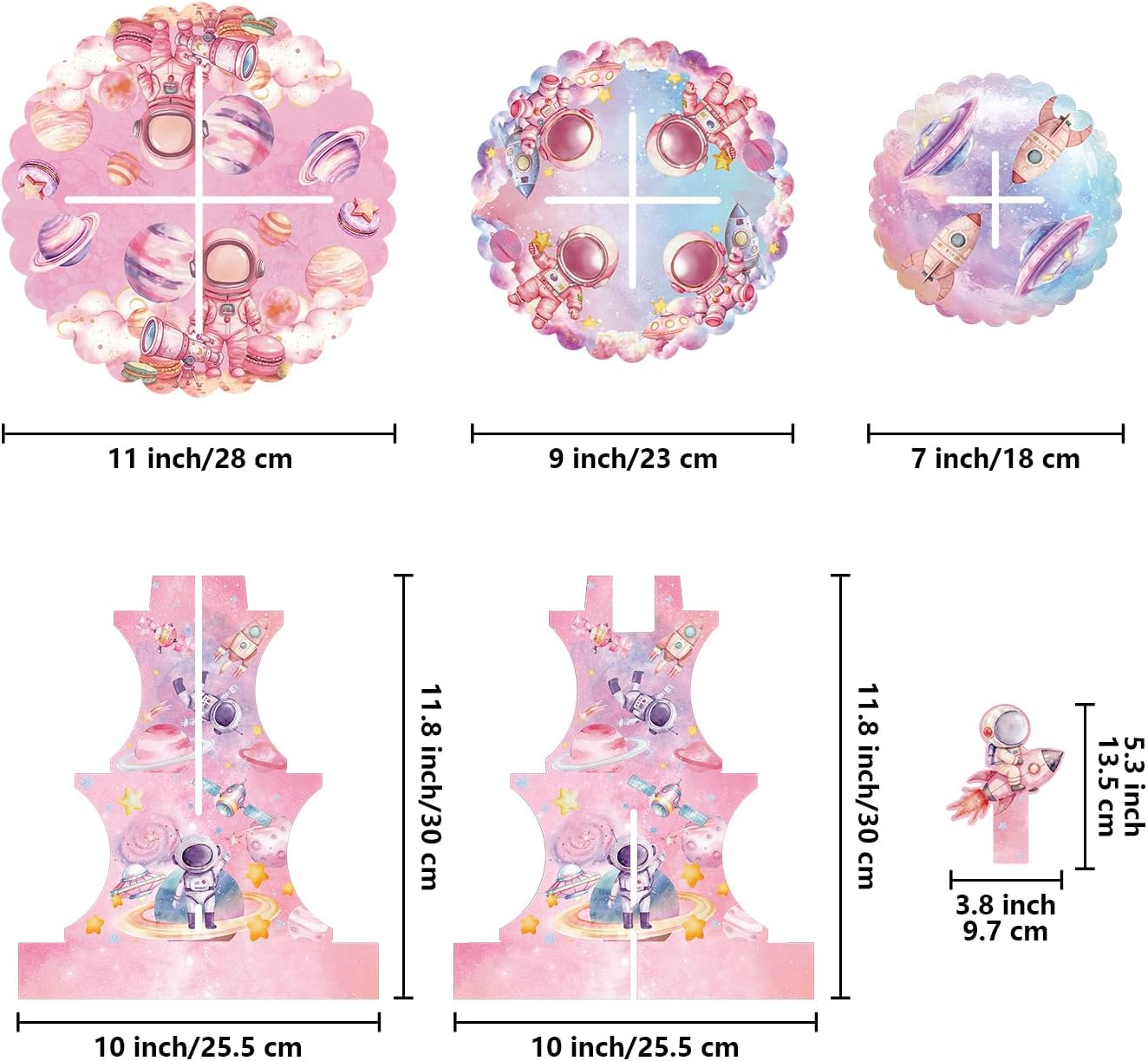 Soporte magdalenas 3 niveles rosa astronauta fiesta cartón