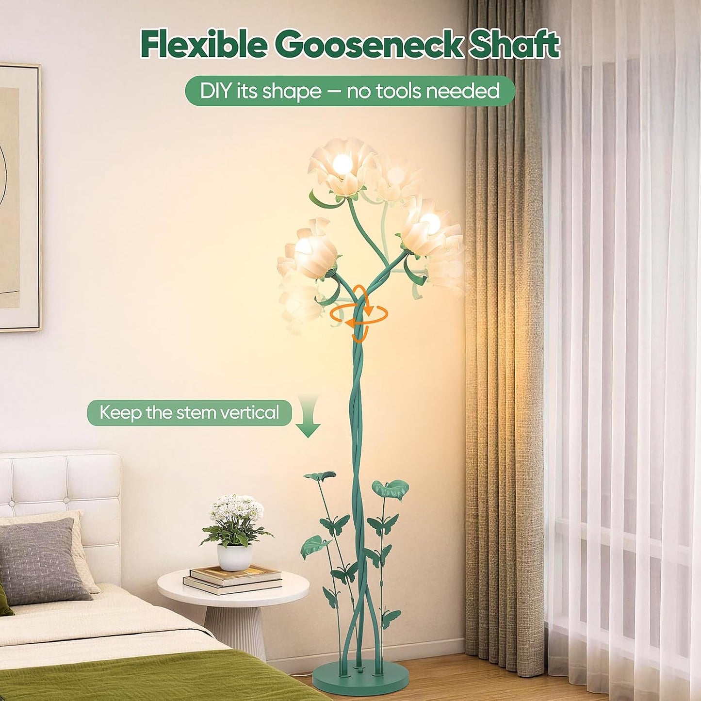 Lámpara pie flores 3 luces cuello cisne flexible 67pulg