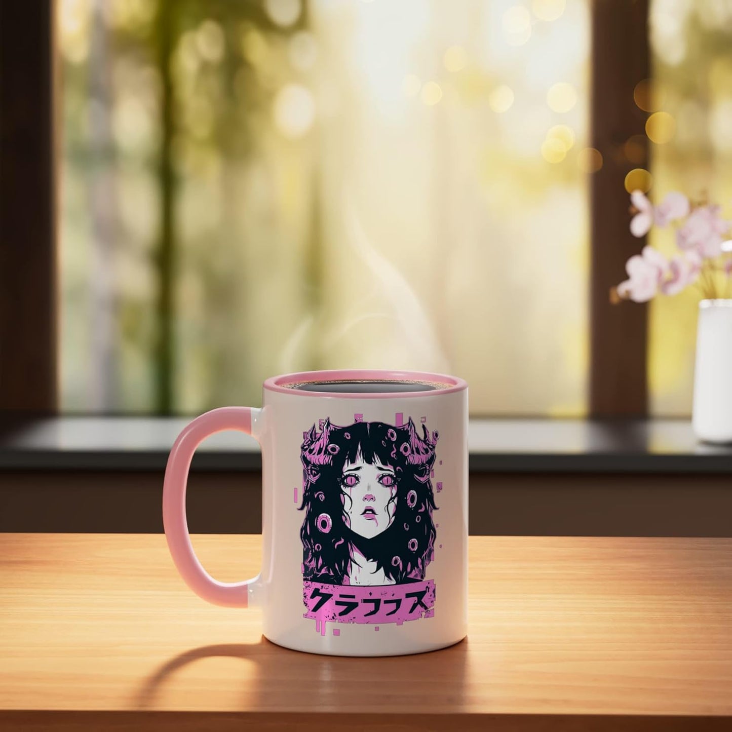 Taza Cerámica Estilo Horror Goth Rosa/Blanco