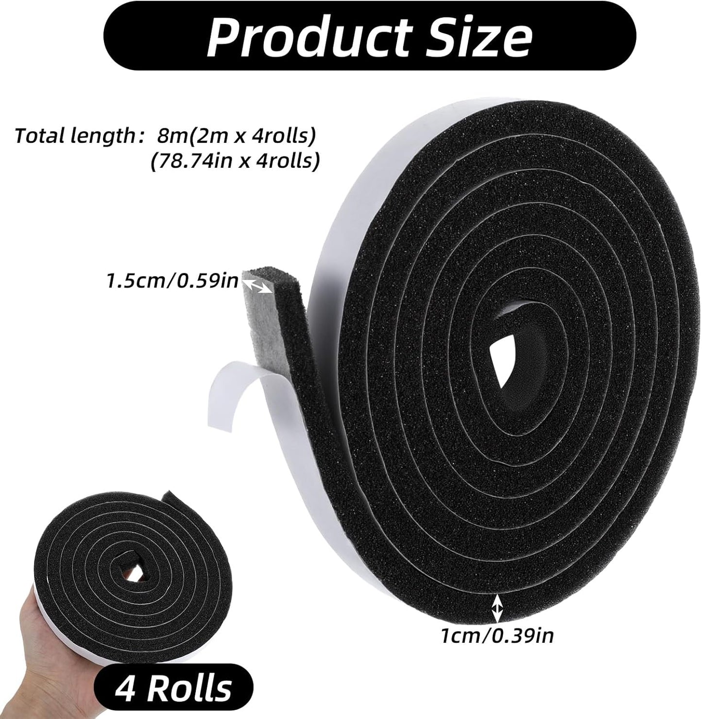 4 Rollos Cinta Espuma Autoadhesiva 0.59x0.39pulg 6.56pies