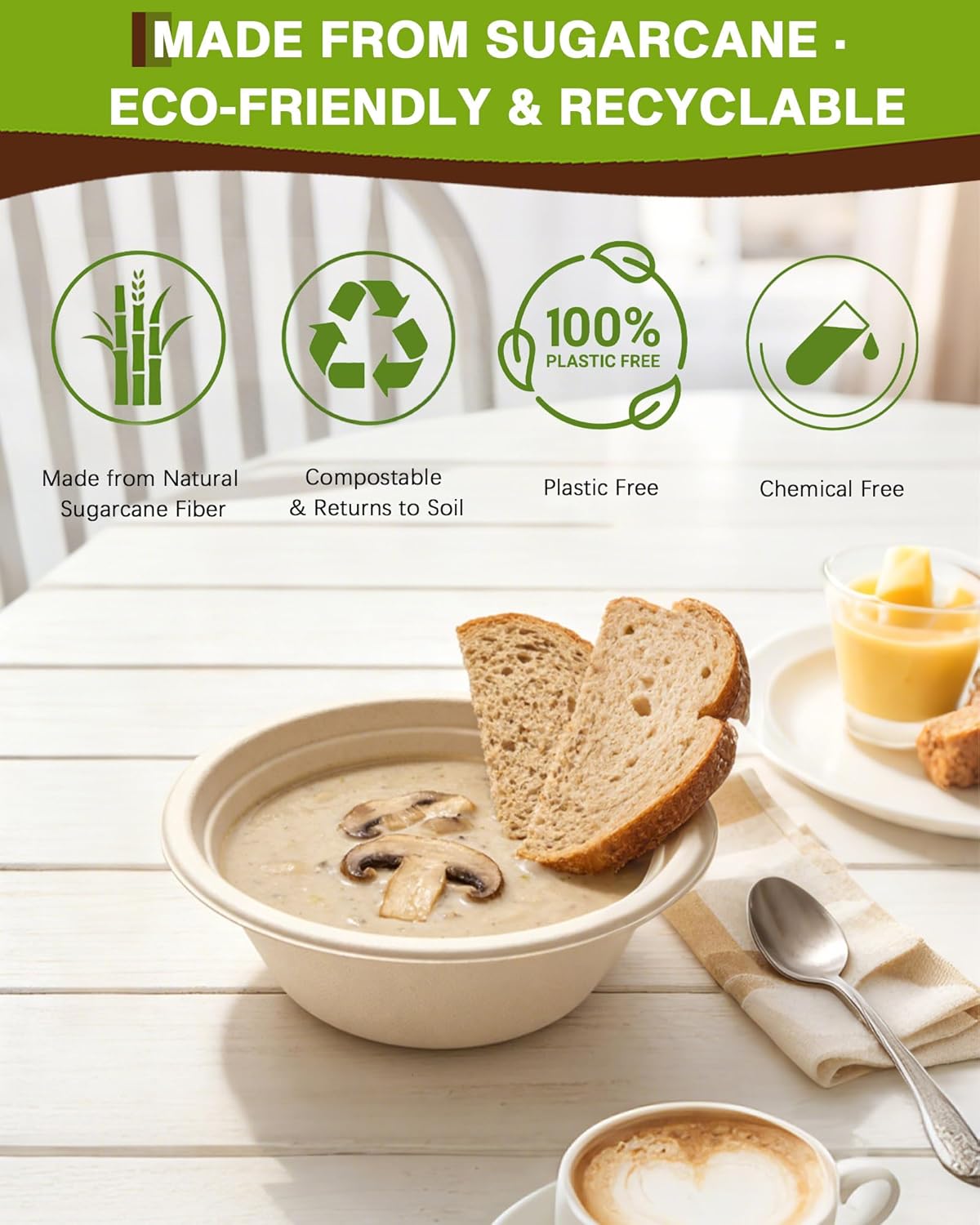 60 Cuencos Biodegradables Caña Azúcar 12oz Resistentes
