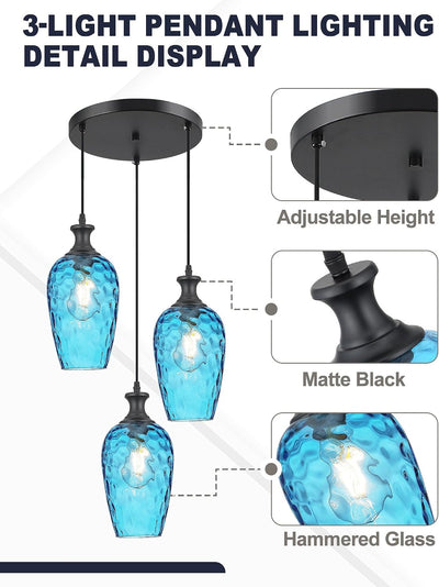 Lámpara colgante 3 luces araña negra vidrio martillado azul
