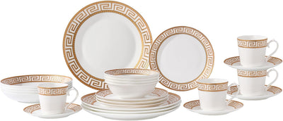 Set 24 Pzas Vajilla Porcelana Hueso Diseño Llave Griega Dorada