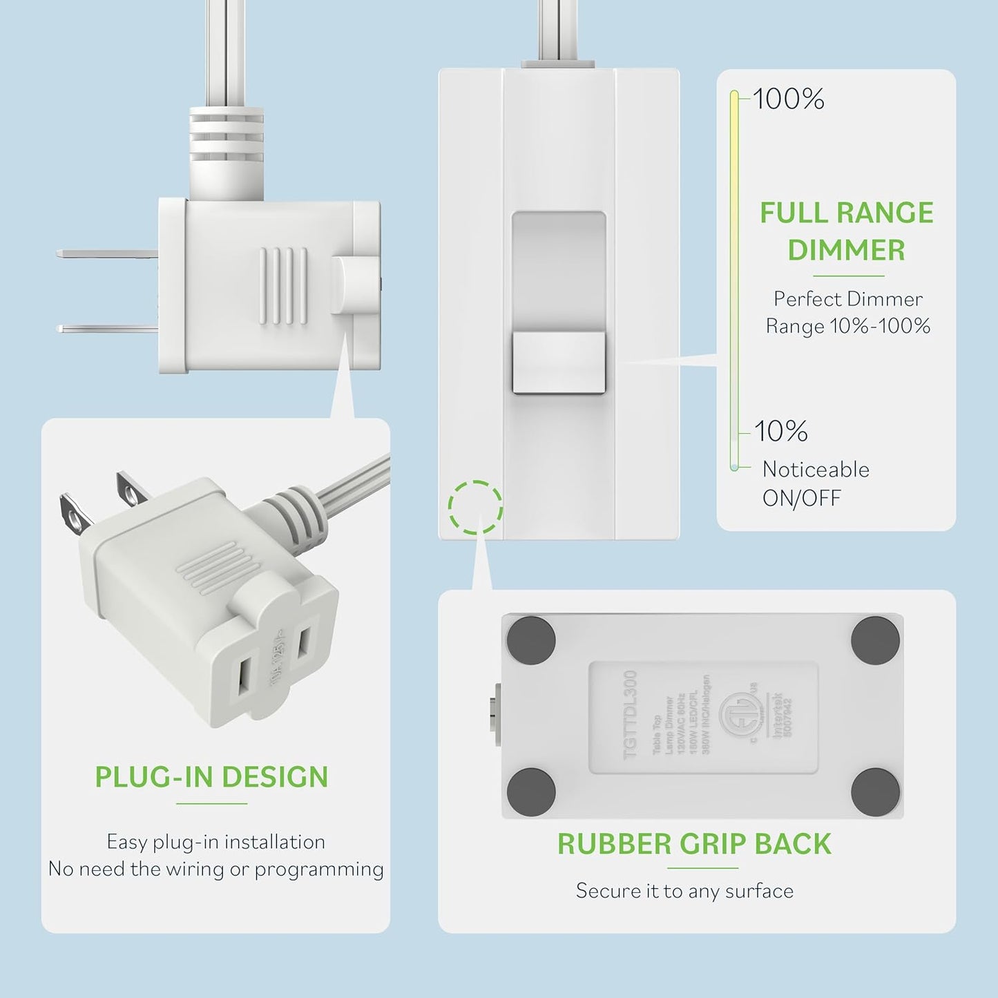 Regulador intensidad lámpara enchufable cable 6.1pies blanco