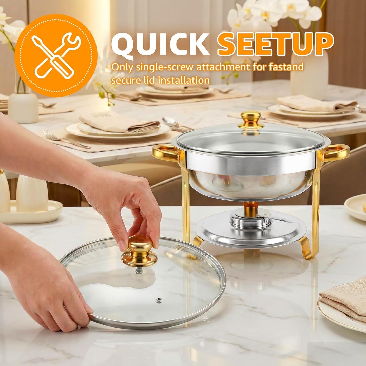 2 Pzas Platos Bufé Acero Inox Dorado Con Tapa Vidrio