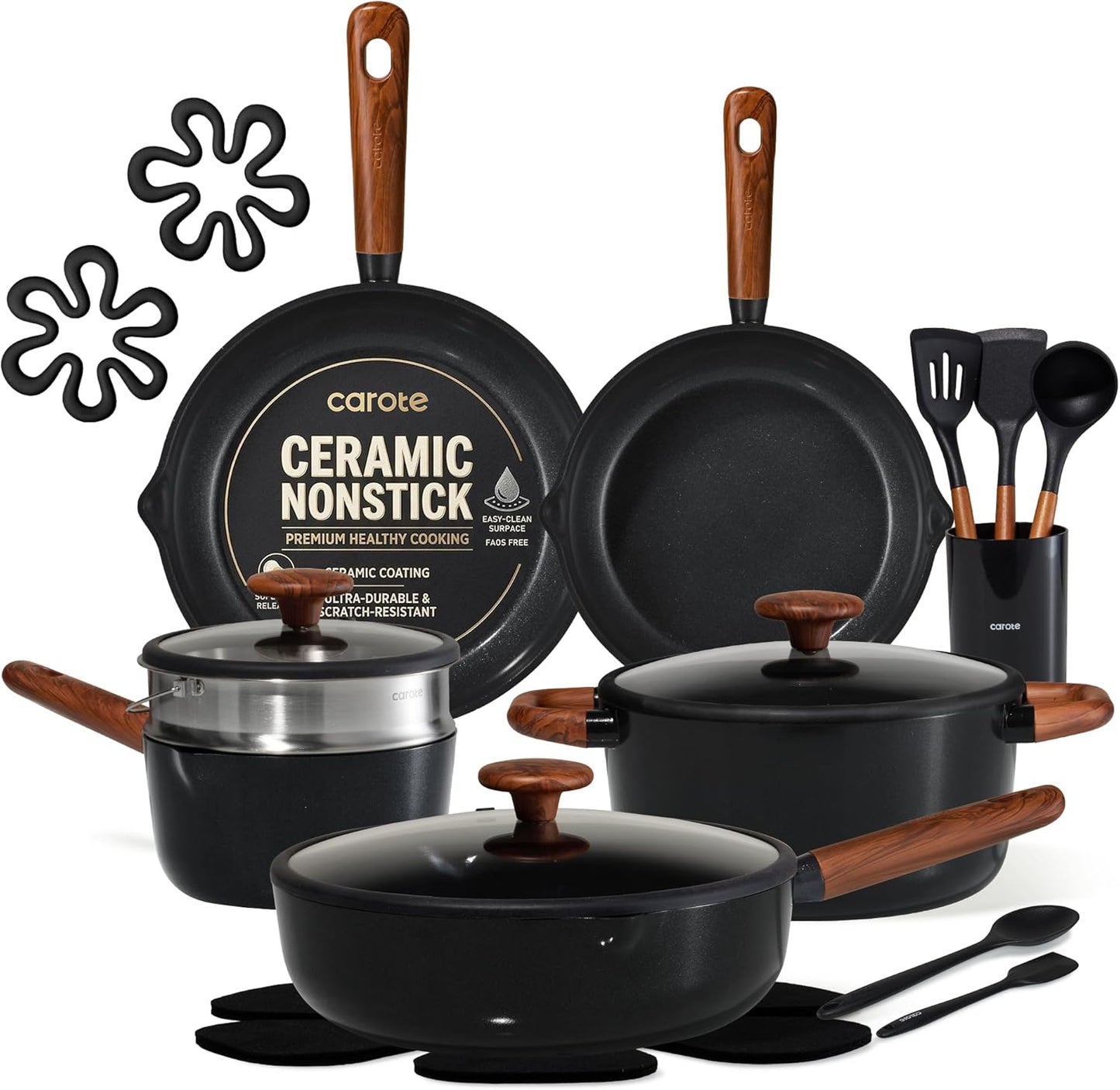 Set 21 Utensilios Cerámica Antiadherente Inducción Negro