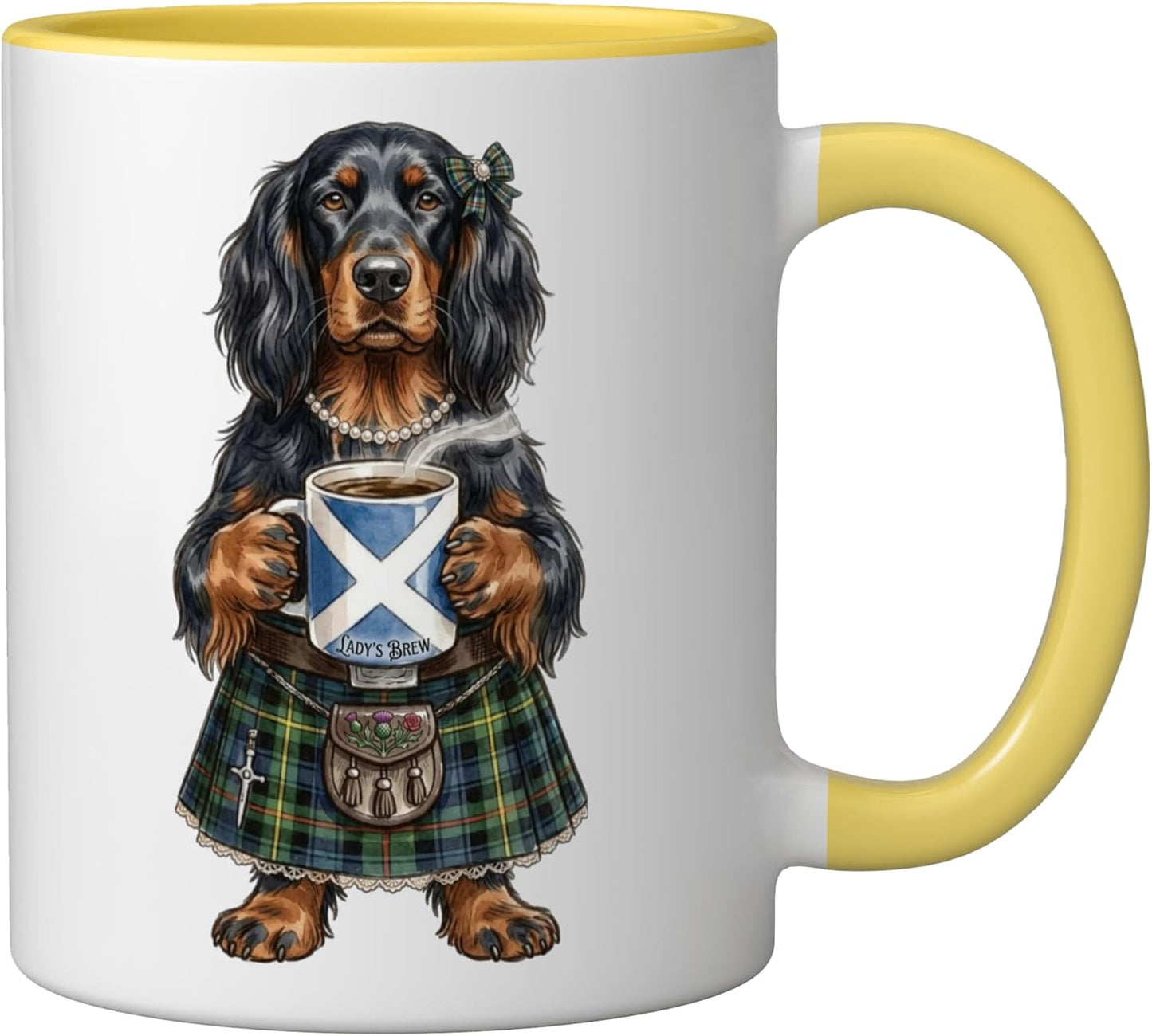 Taza Cerámica Escocesa para Perro Mujer Amarillo Blanco