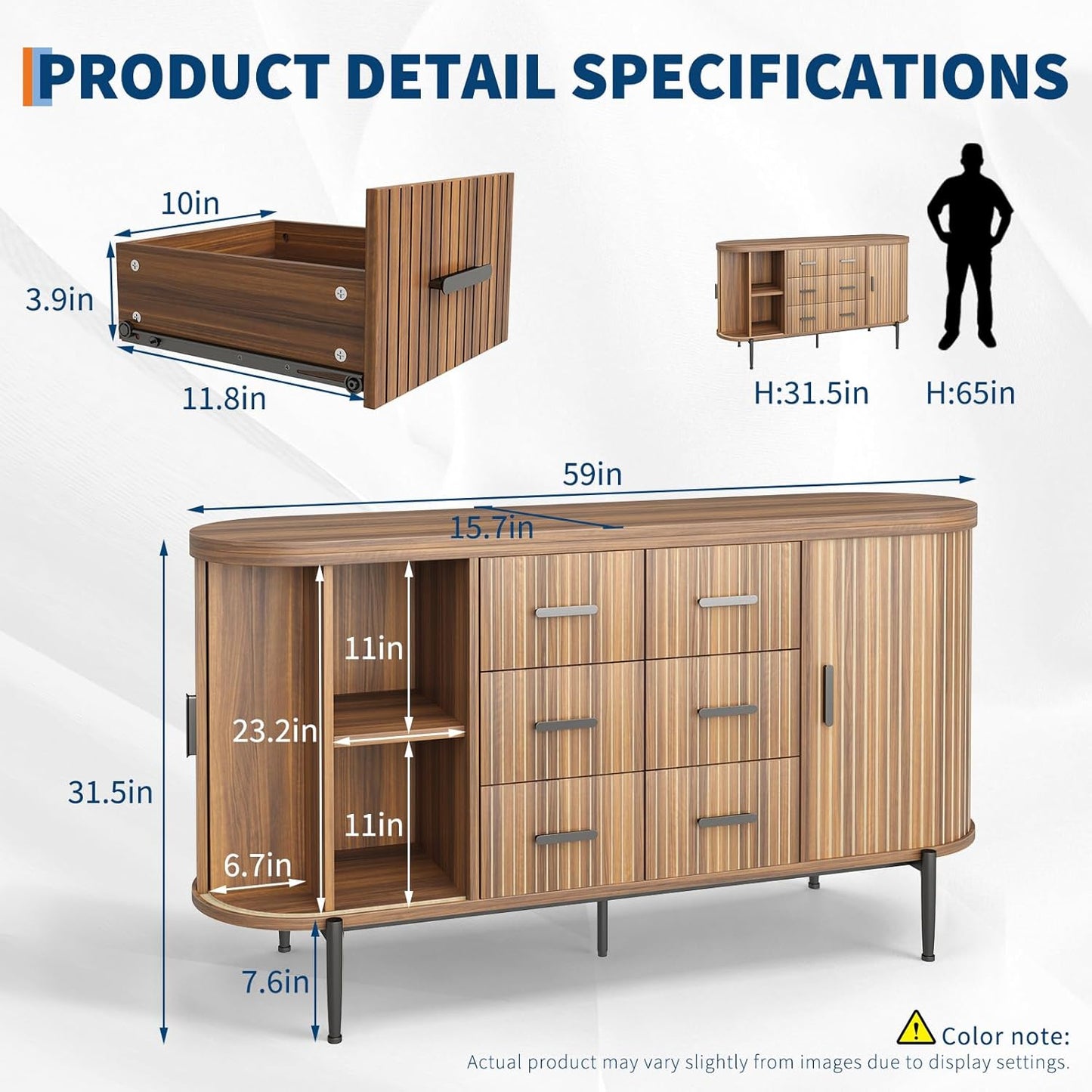 Armario buffet moderno 59pulg mármol sintético 2 puertas 6 cajones