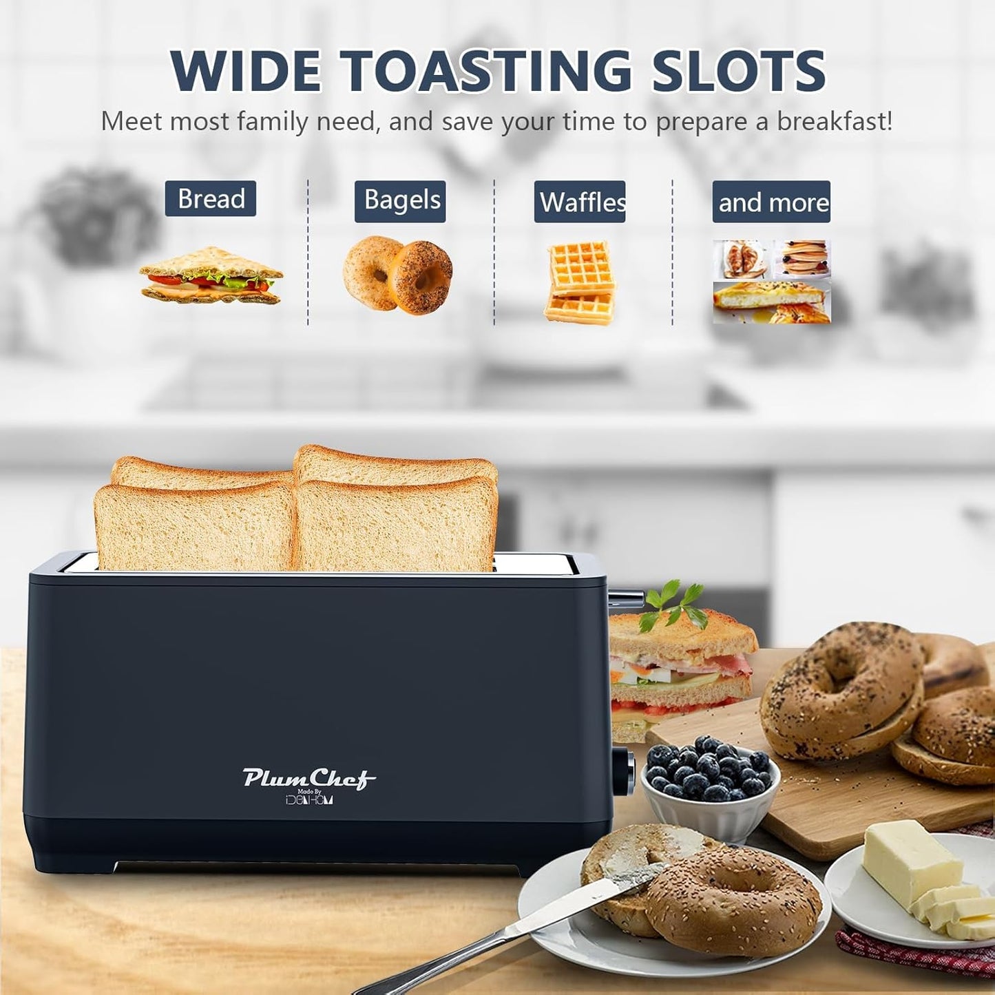 Plum Chef tostadora 4 rebanadas con ranura ancha y acero inoxidable 1350W