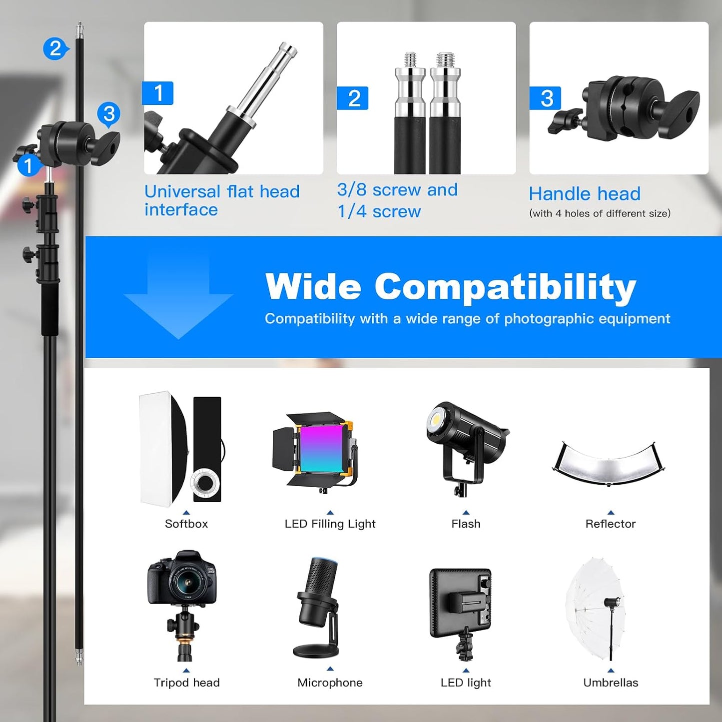Soporte C resistente acero inox negro ajustable para luz fotografía