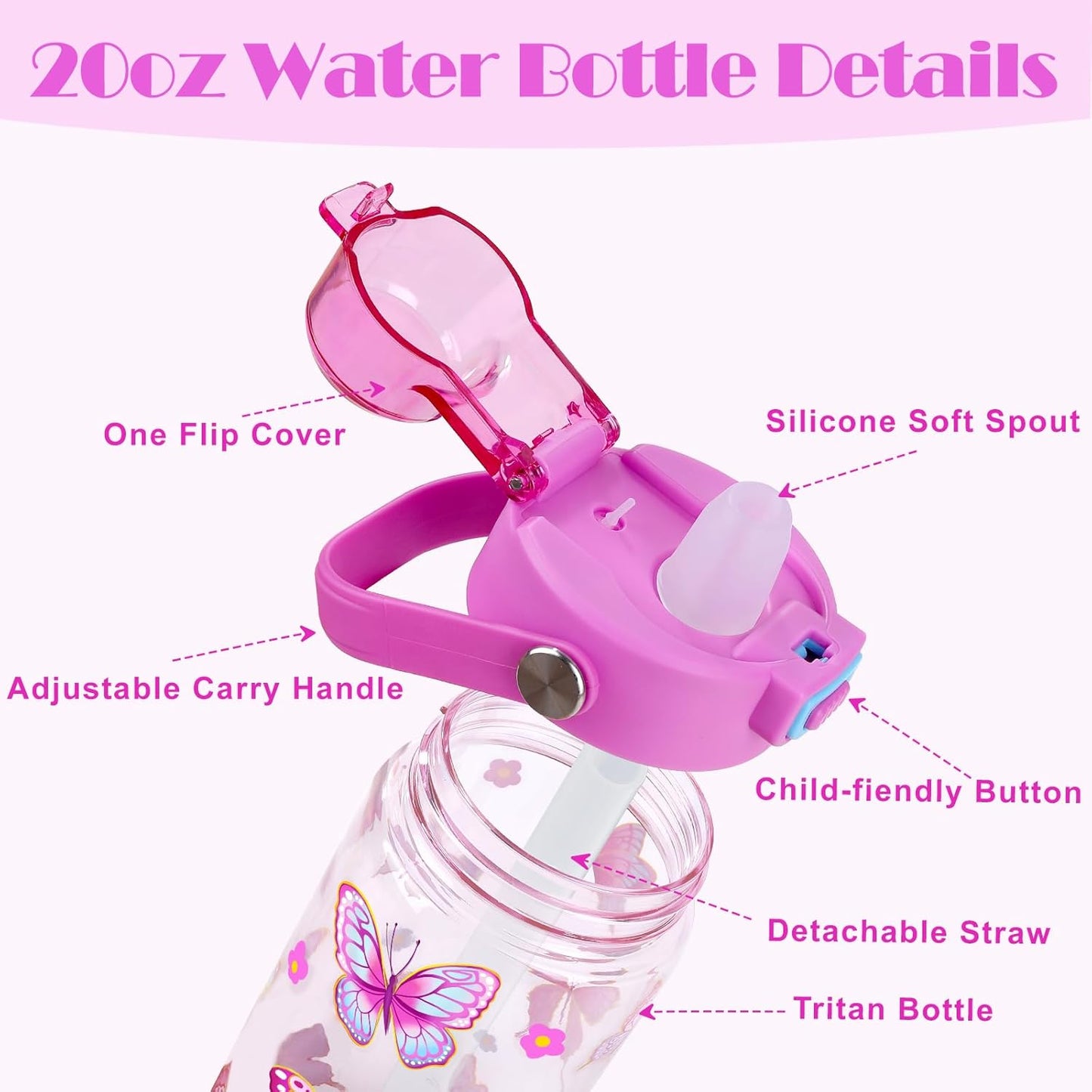 Botella de agua de mariposa sin BPA para niñas 20 oz Tritan a prueba de fugas