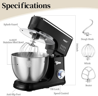 Batidora de pie 1500W 8.45qt 6 vel para hornear pan y galletas negro