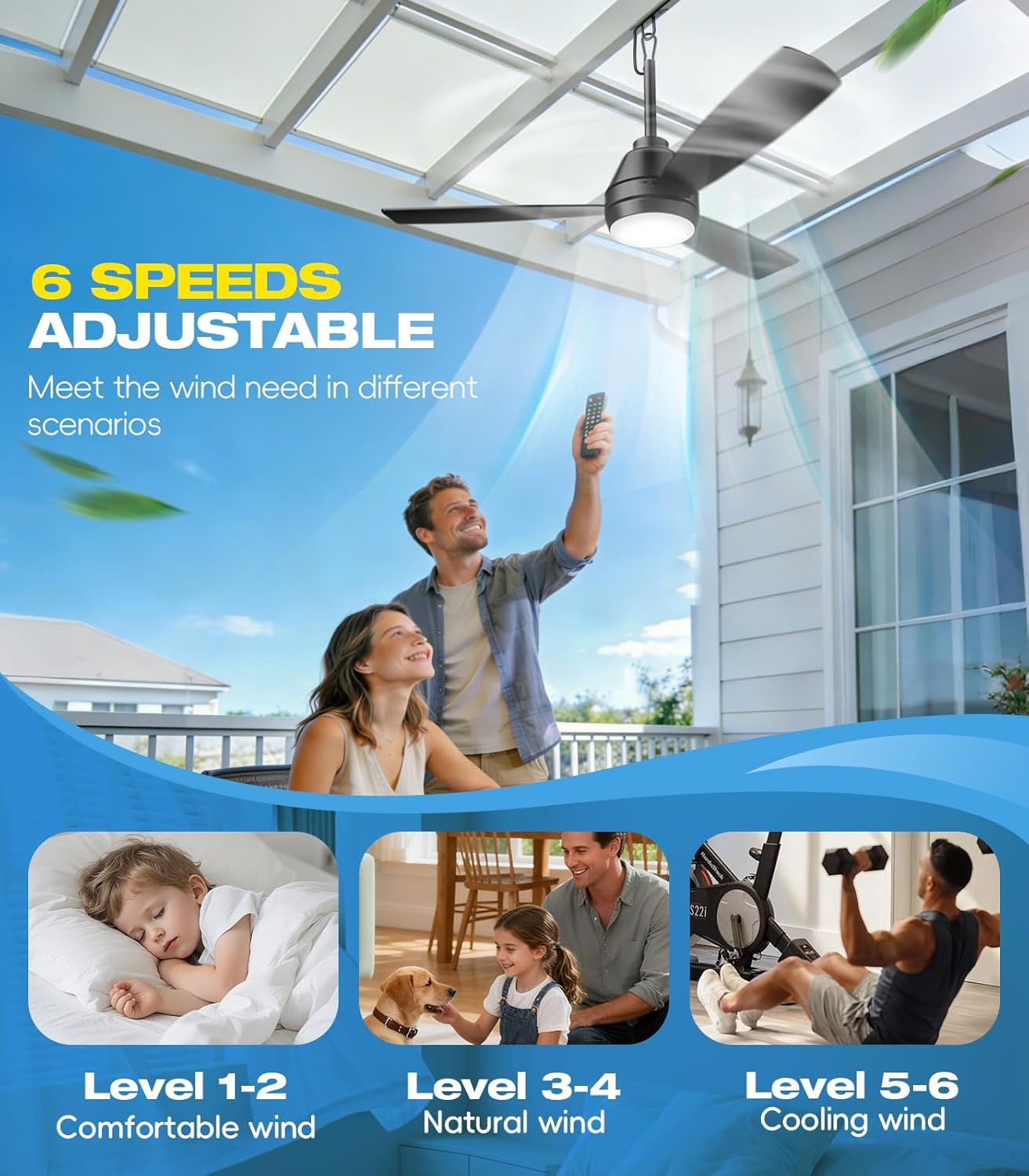 Ventilador techo exterior 42pulg luz LED enchufable reversible