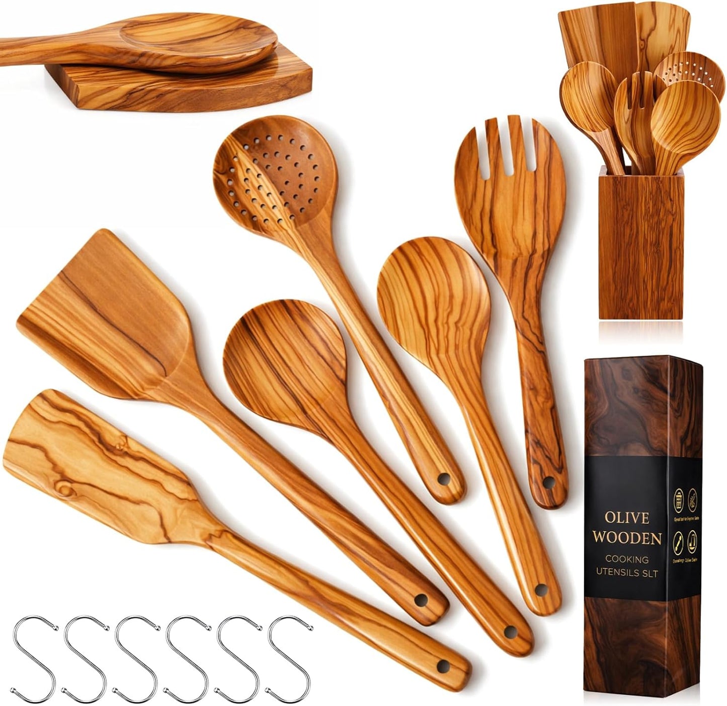 Set 10 Utensilios Cocina Madera Olivo con Caja Regalo