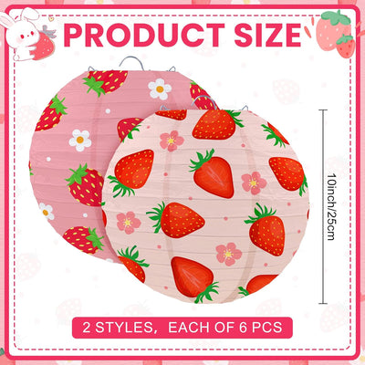 12 Faroles Colgantes Fresas Rojas y Rosadas 10pulg
