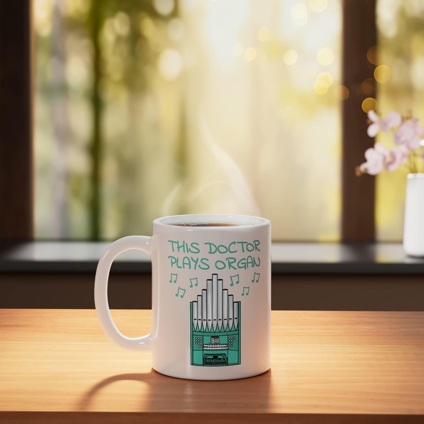 Taza de cerámica para doctor que toca órgano en iglesia, blanca