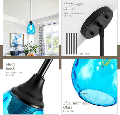 2 Lámparas colgantes isla cocina vidrio azul martillado