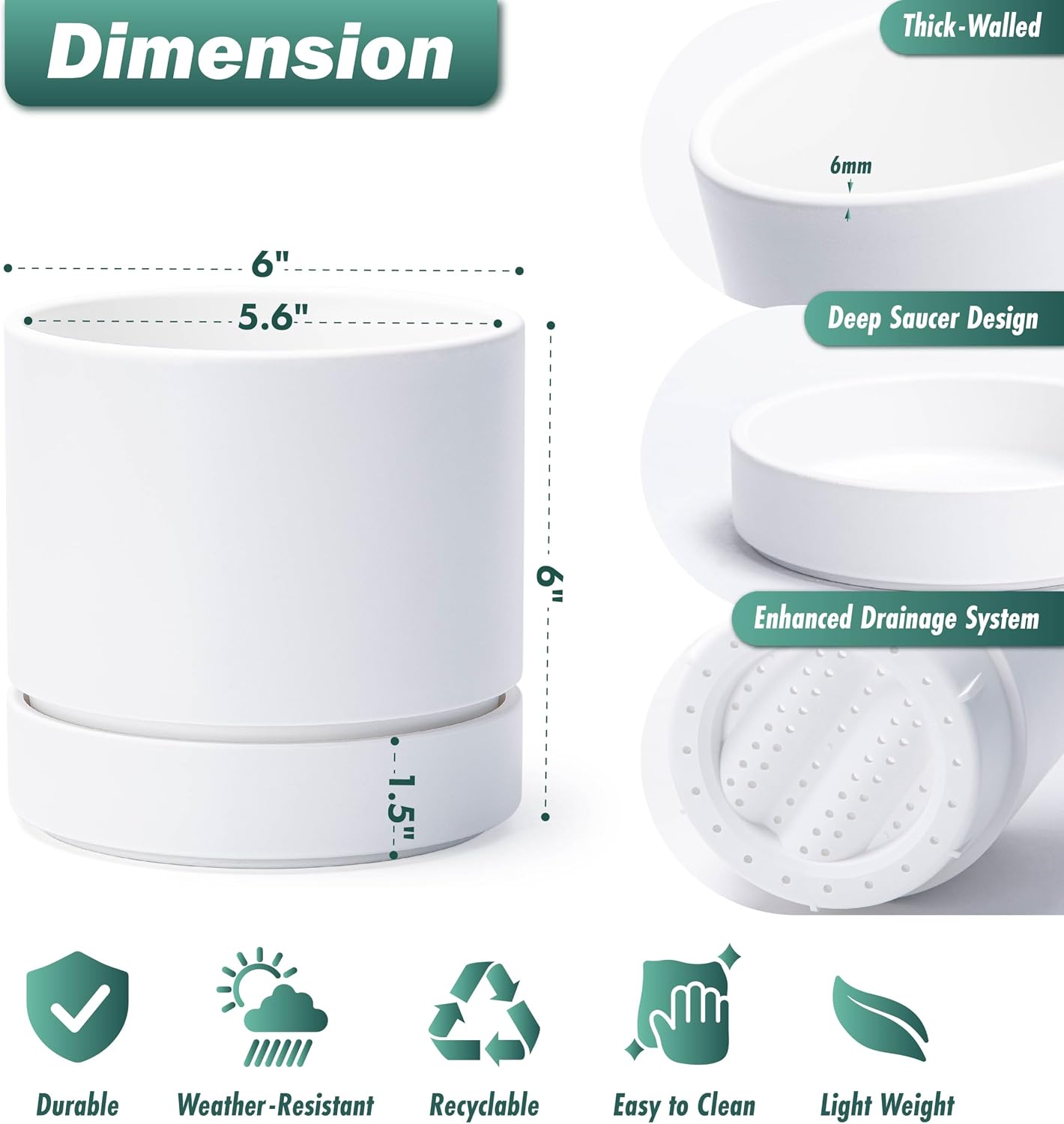 Maceta cilíndrica 6pulg con drenaje bandeja recolectora blanco mate