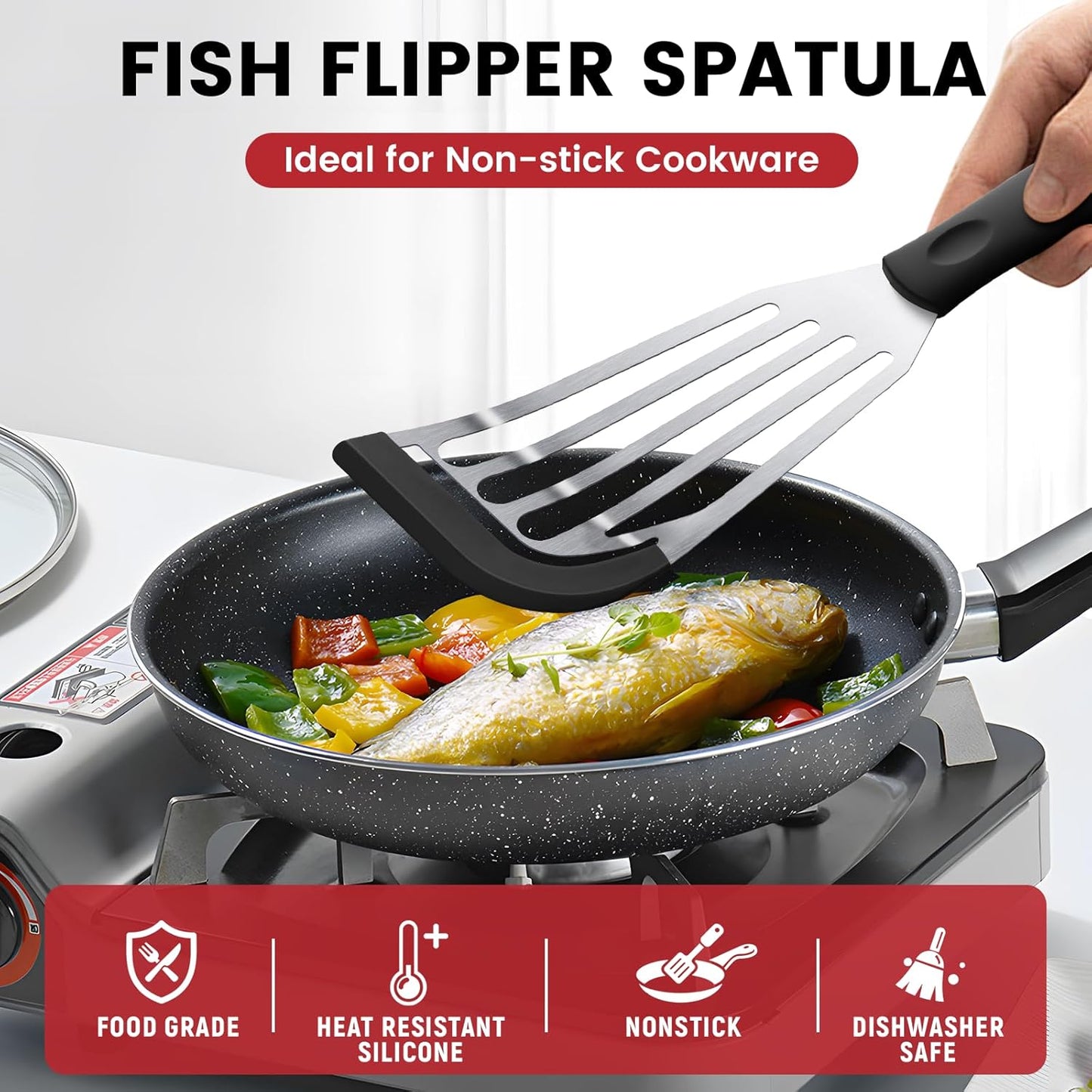 Espátula silicona ranurada acero inox flexible 12x3pulg negro