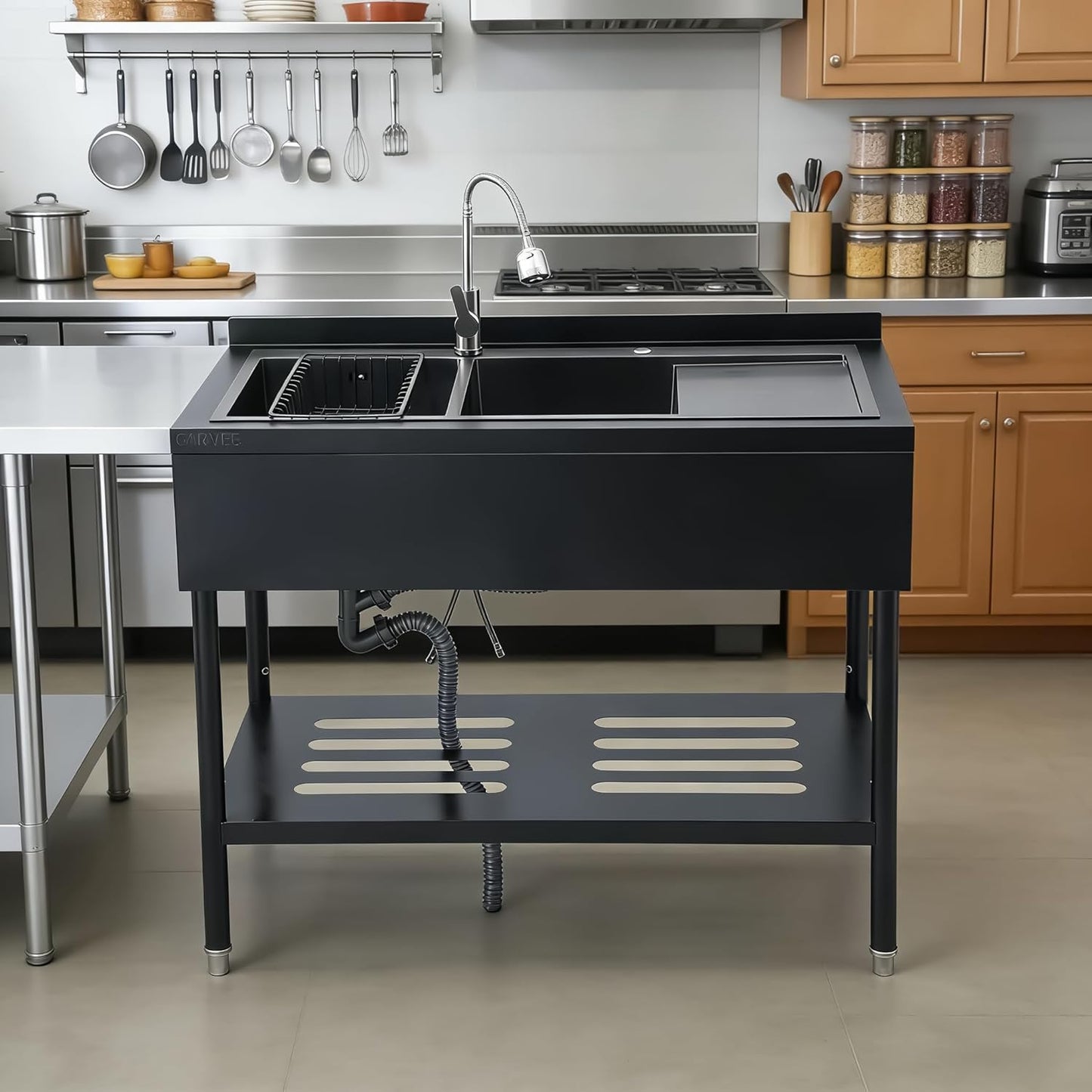 Fregadero acero inox negro 47.5pulg con escurridor y estante