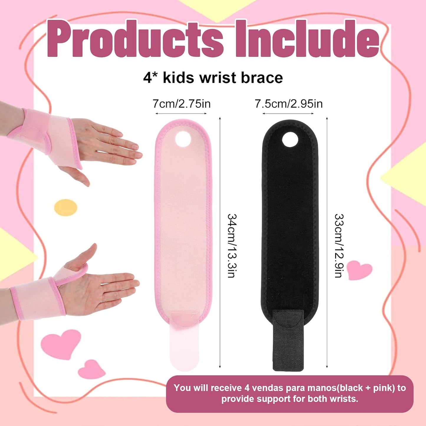 4 Pzas Muñequera Ajustable para Niños Deporte y Sueño Negro Rosa