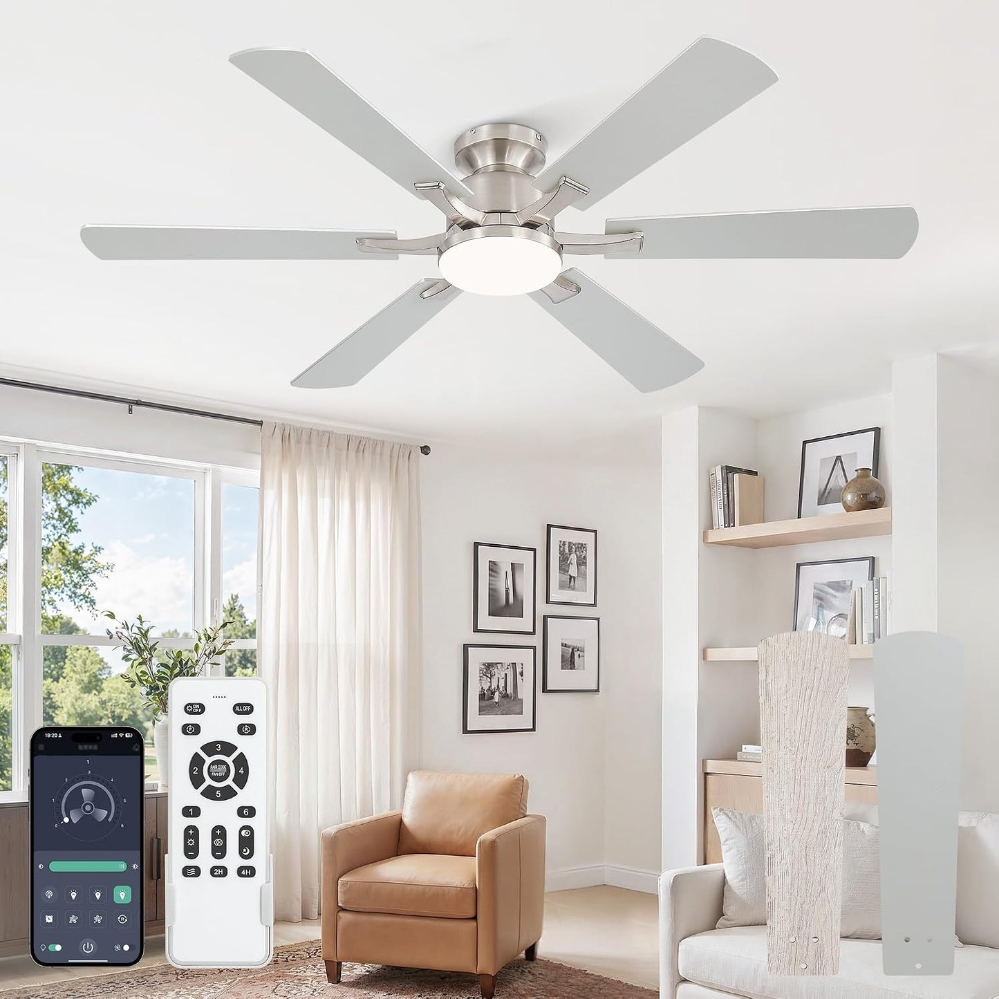 Ventilador techo níquel 52pulg luces LED control remoto